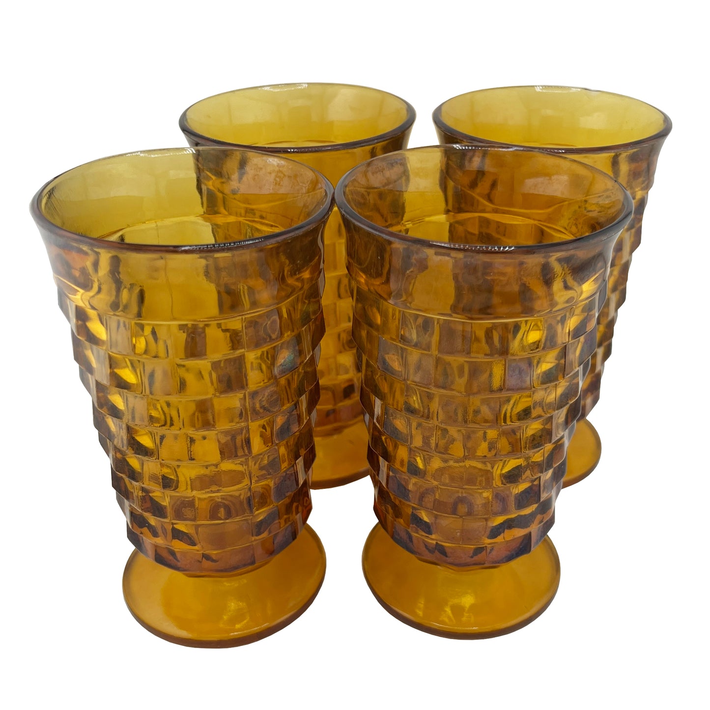 Set of Four Mid-Century Orange Amber Glass Goblets in Textured Honeycomb Pattern