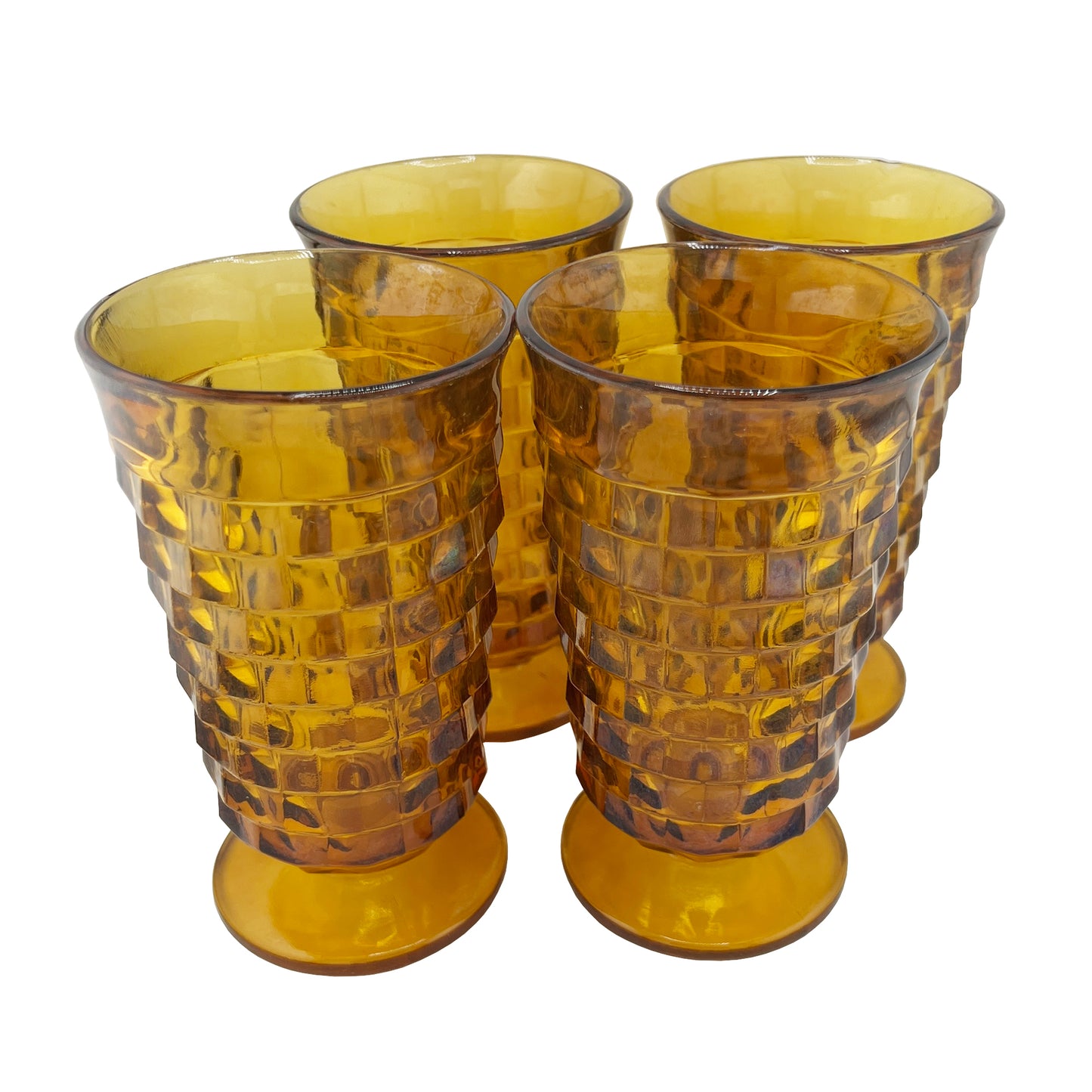 Set of Four Mid-Century Orange Amber Glass Goblets in Textured Honeycomb Pattern