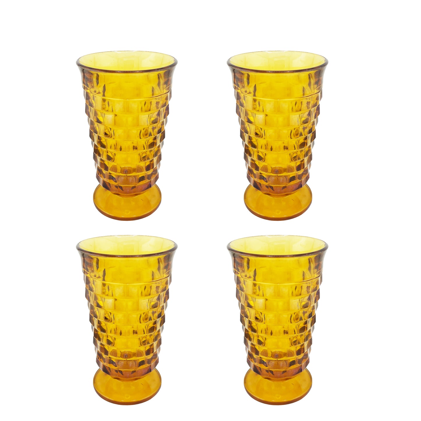 Set of Four Mid-Century Orange Amber Glass Goblets in Textured Honeycomb Pattern