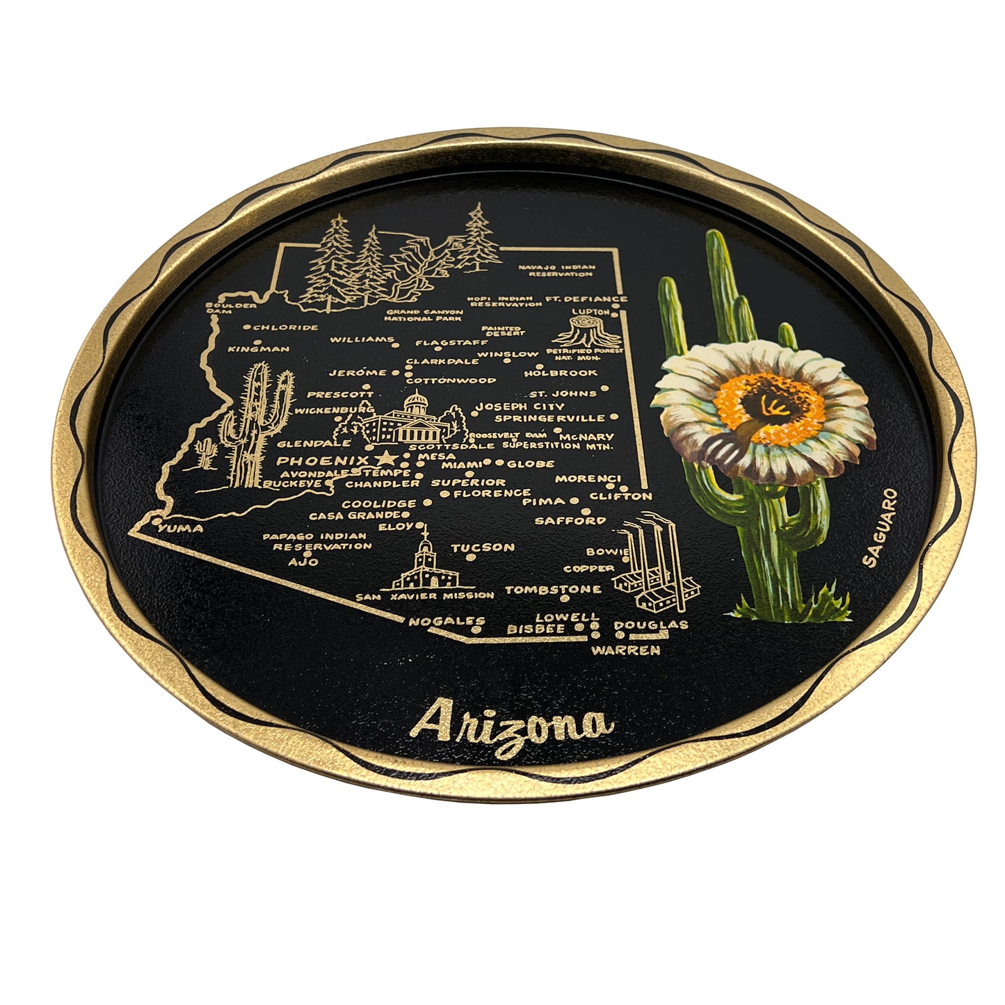 Vintage Arizona Souvenir Tole Tray with Saguaro Cactus, Mid-Century