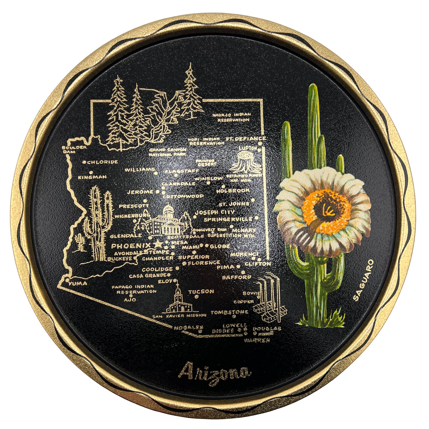 Vintage Arizona Souvenir Tole Tray with Saguaro Cactus, Mid-Century
