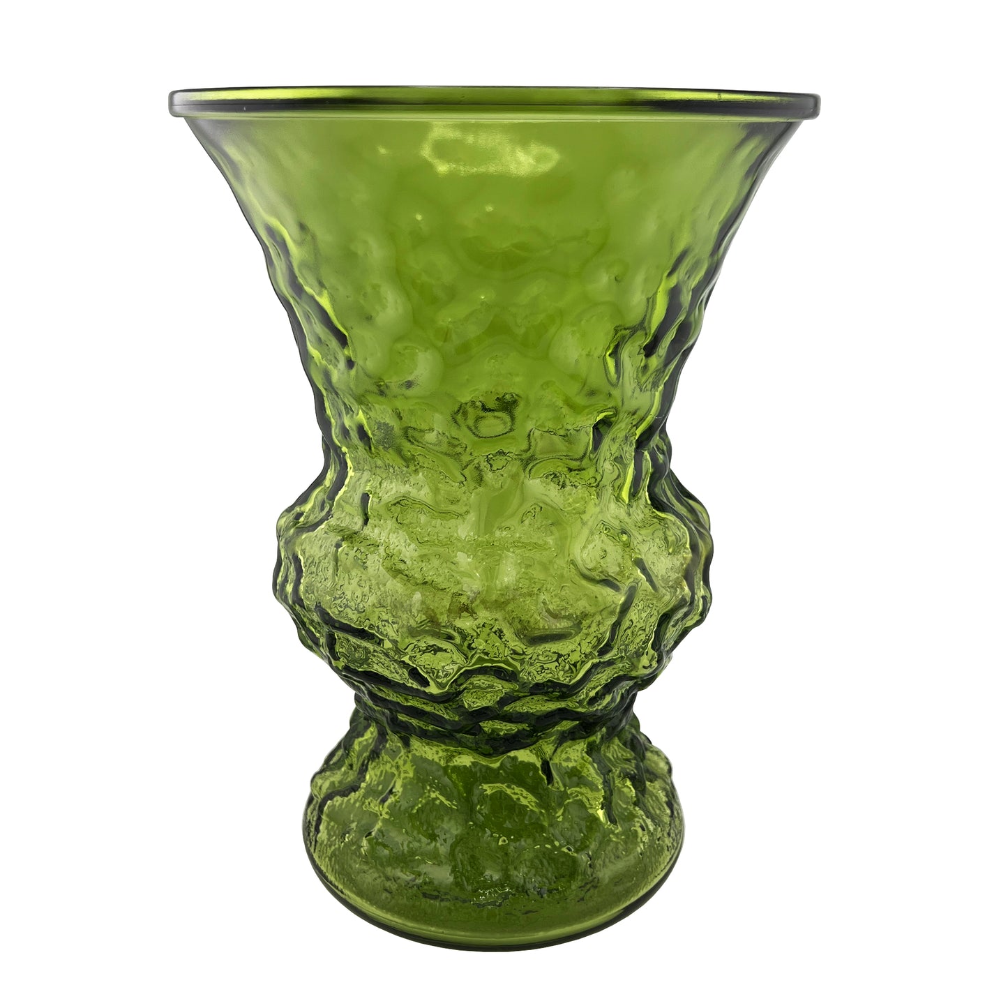 Mid-Century Sculptural Green Art Glass Vase — Textured Avocado Glass Vessel