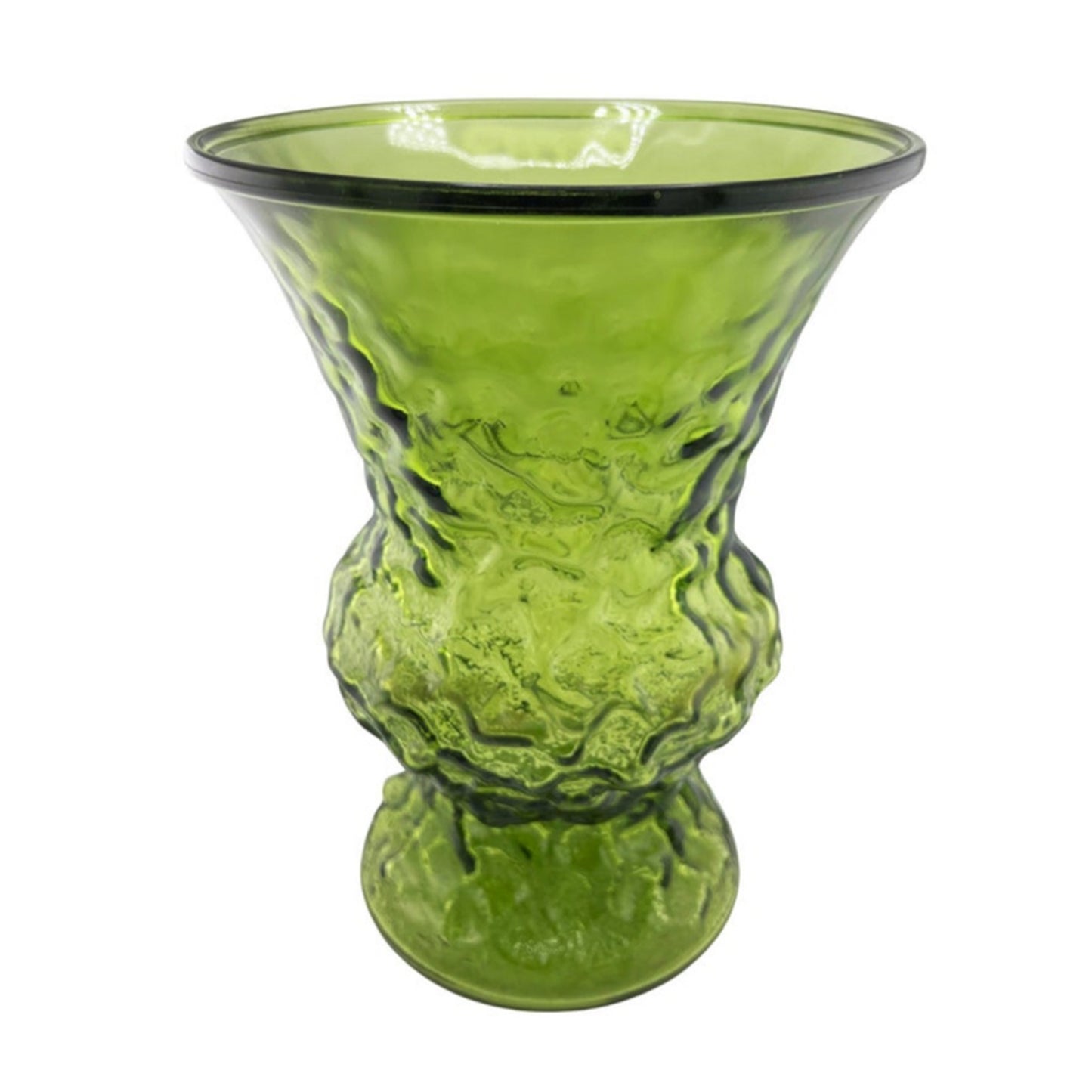 Mid-Century Sculptural Green Art Glass Vase — Textured Avocado Glass Vessel