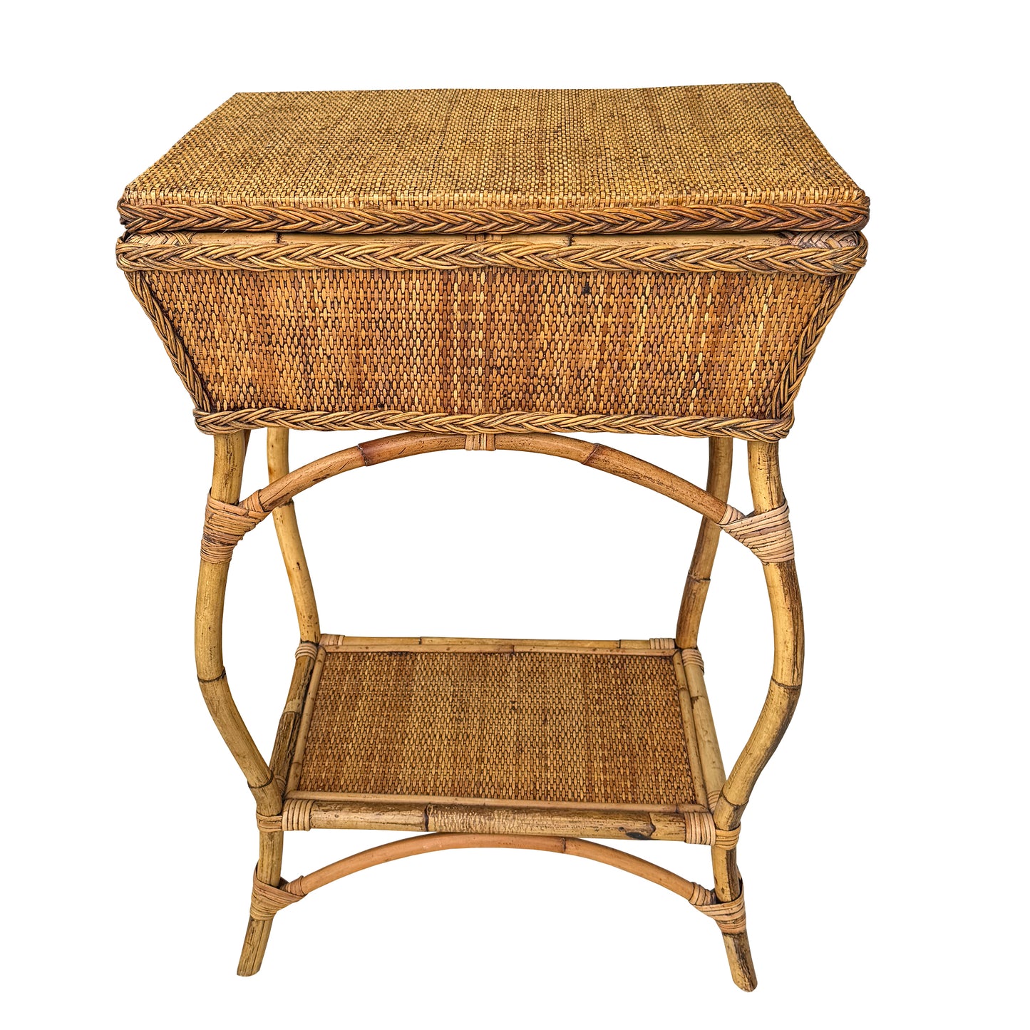 Vintage Bamboo and Rattan Sewing Basket Side Table with Lid - Organic Modern