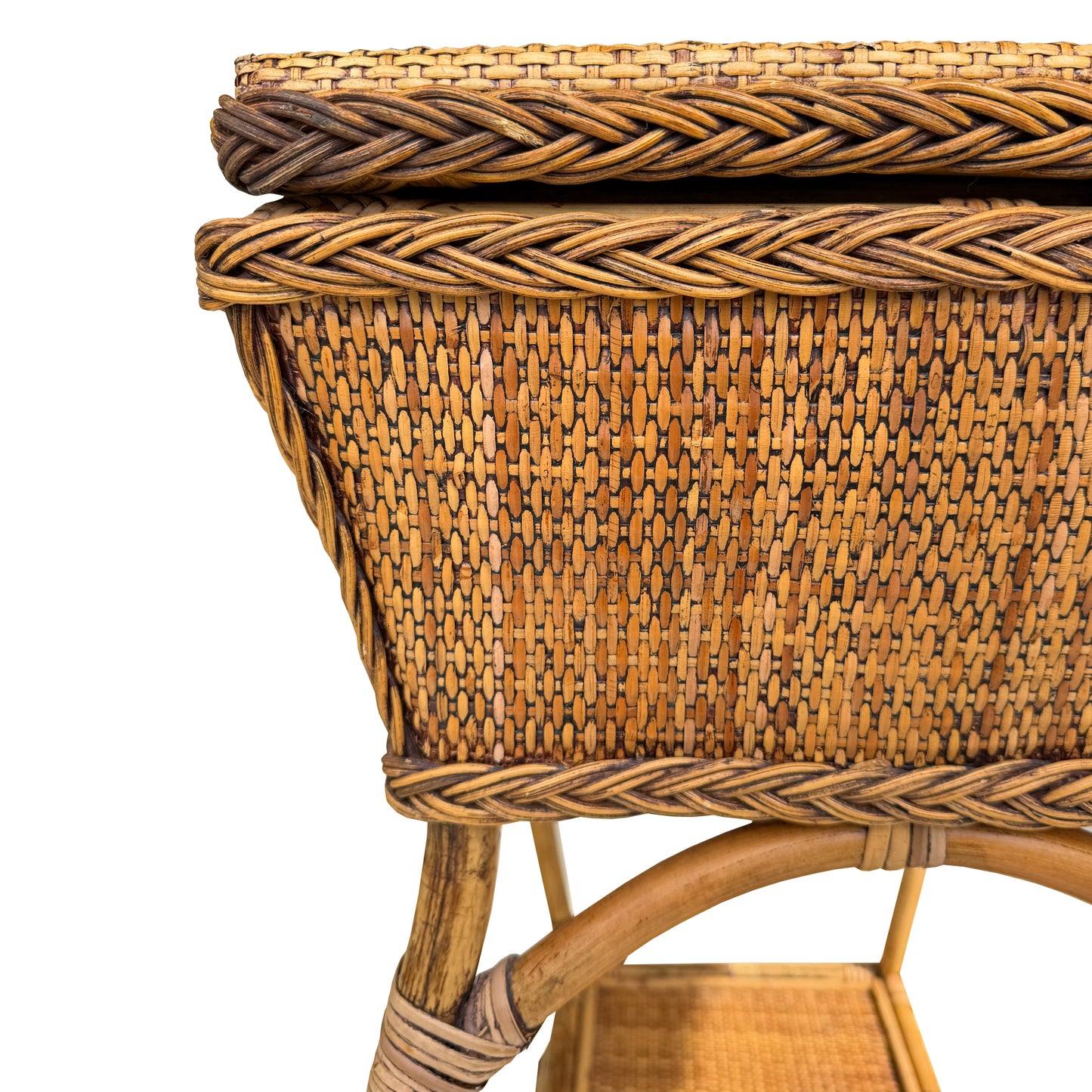 Vintage Bamboo and Rattan Sewing Basket Side Table with Lid - Organic Modern