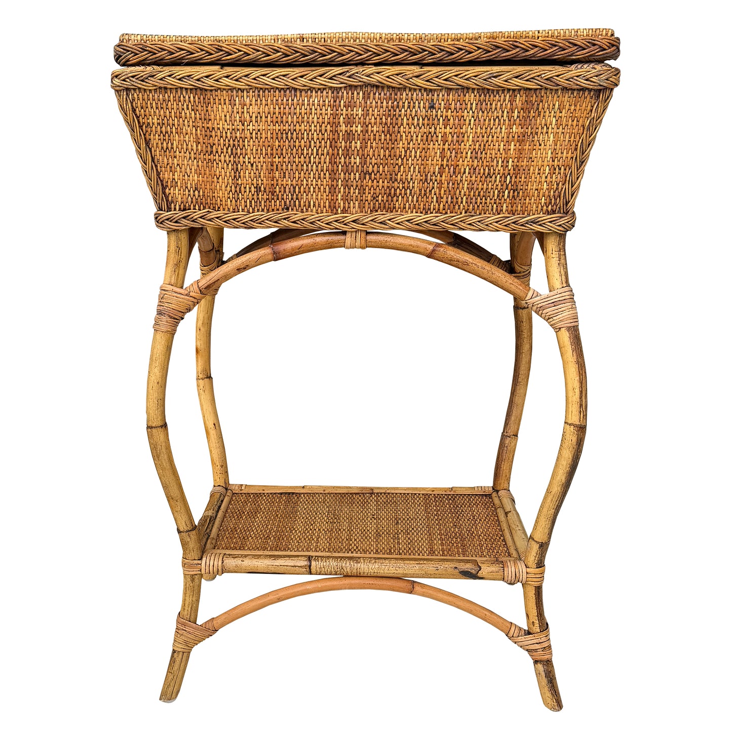 Vintage Bamboo and Rattan Sewing Basket Side Table with Lid - Organic Modern
