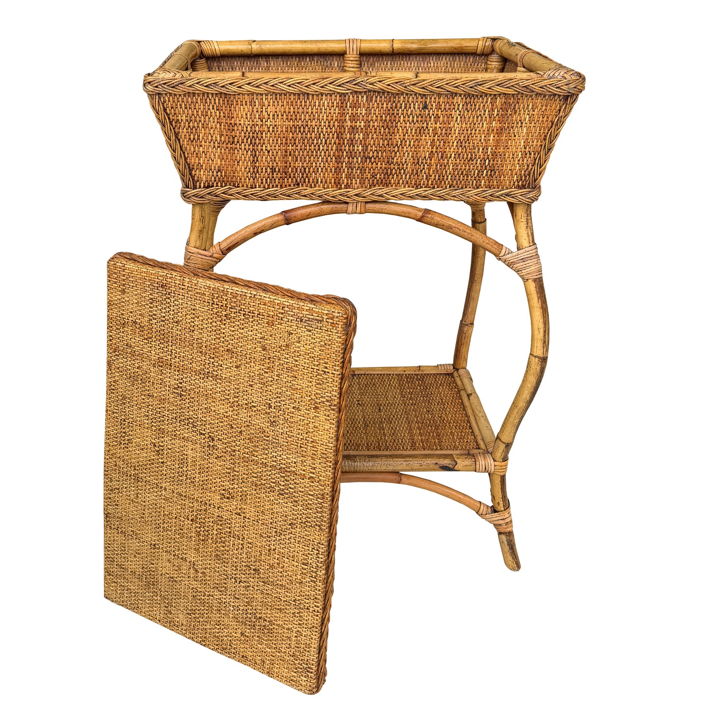 Vintage Bamboo and Rattan Sewing Basket Side Table with Lid - Organic Modern