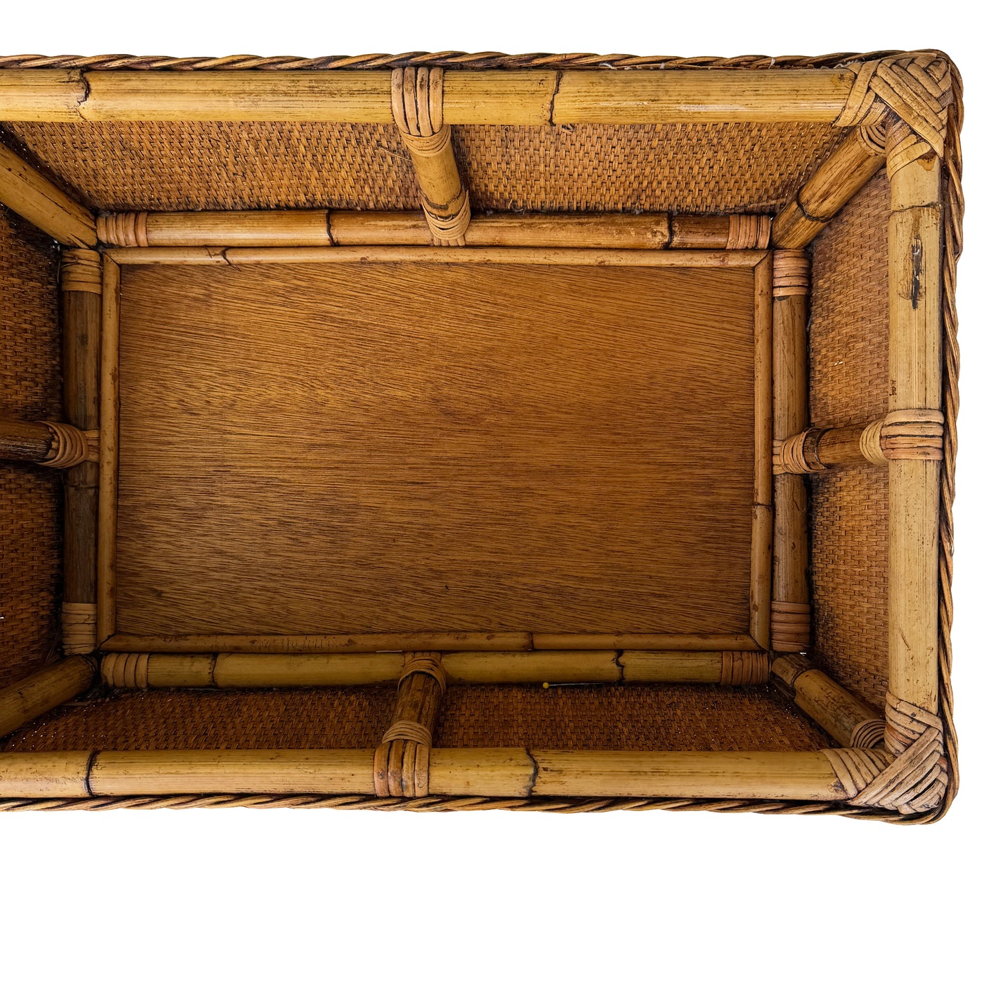 Vintage Bamboo and Rattan Sewing Basket Side Table with Lid - Organic Modern