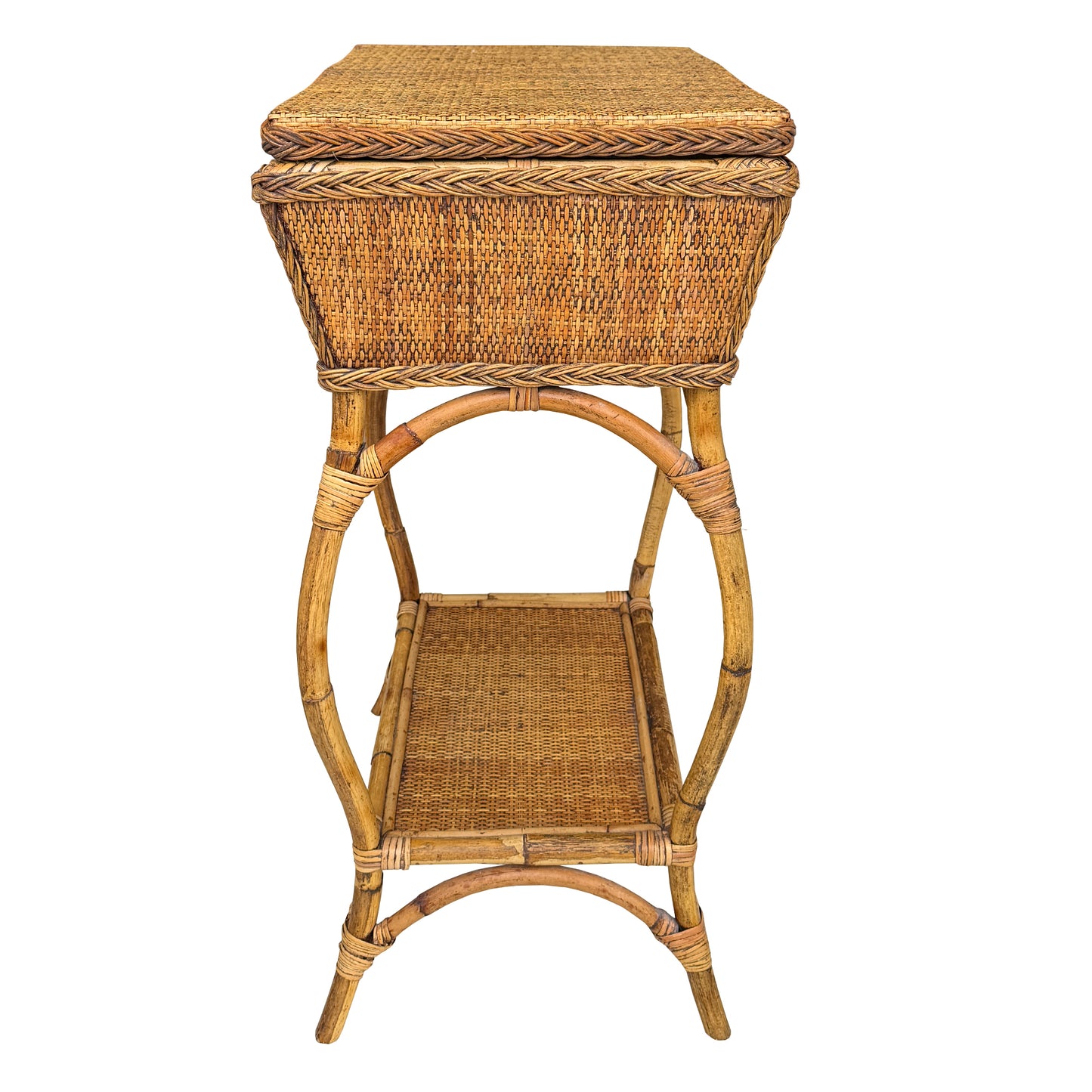 Vintage Bamboo and Rattan Sewing Basket Side Table with Lid - Organic Modern