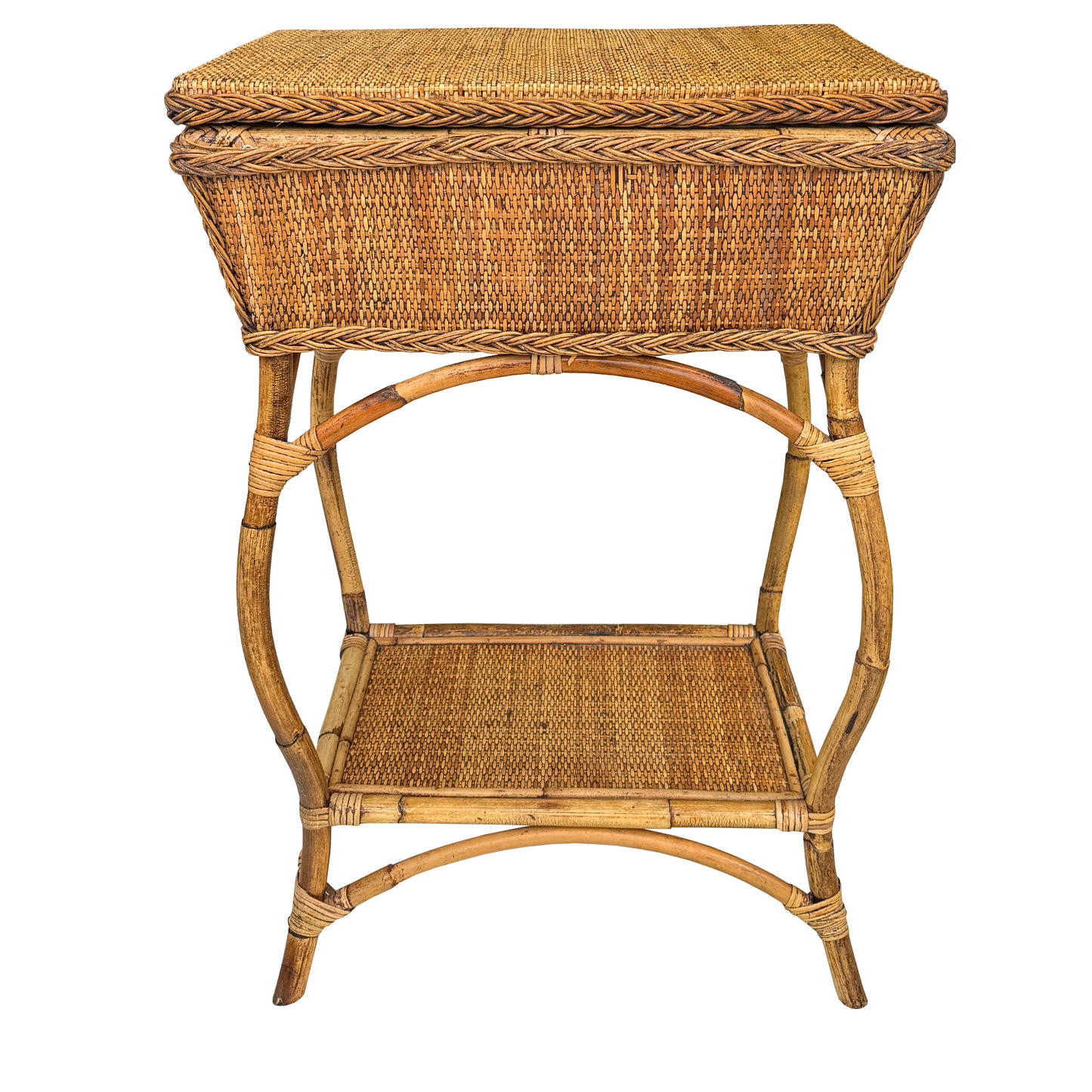 Vintage Bamboo and Rattan Sewing Basket Side Table with Lid - Organic Modern