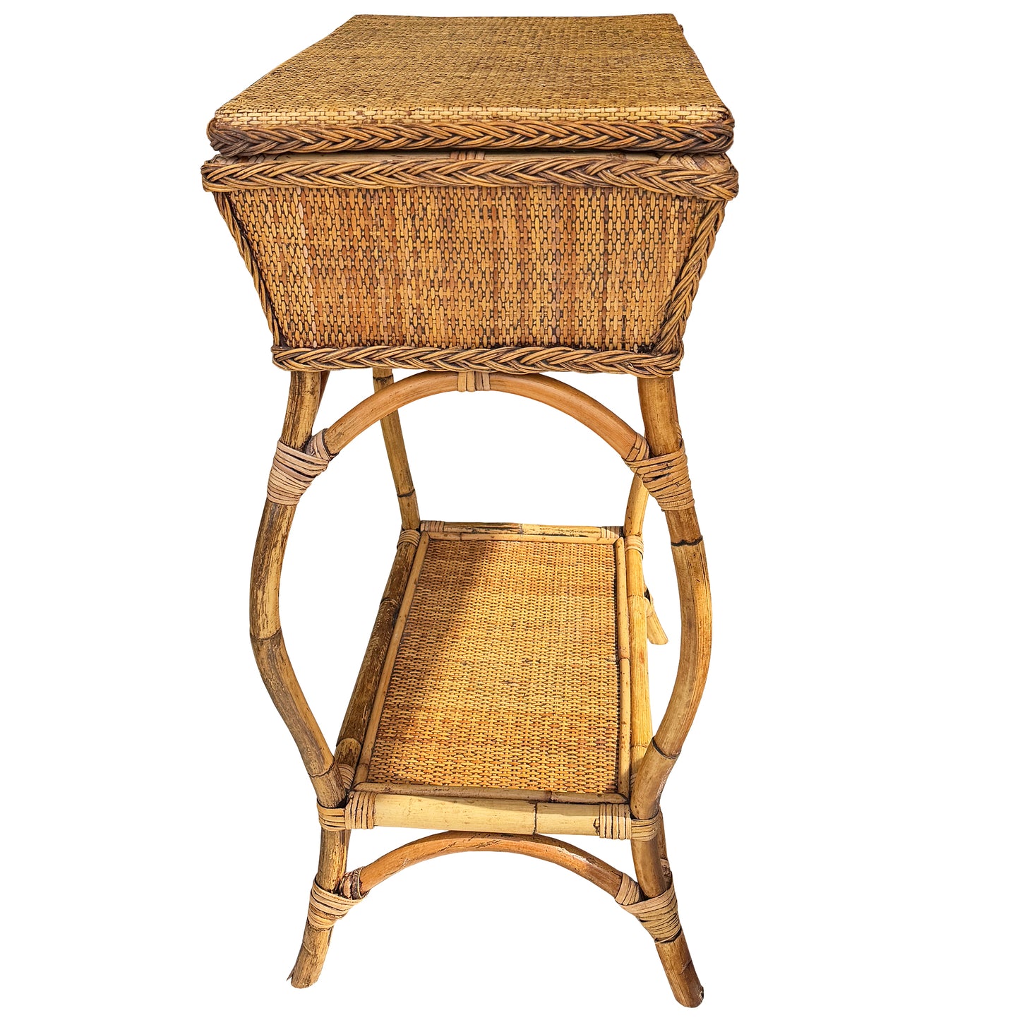 Vintage Bamboo and Rattan Sewing Basket Side Table with Lid - Organic Modern
