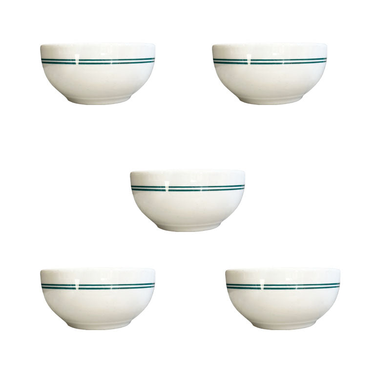 Mid-Century Restaurant Ware Berry Bowls in White and Green, Set of 5 1960s