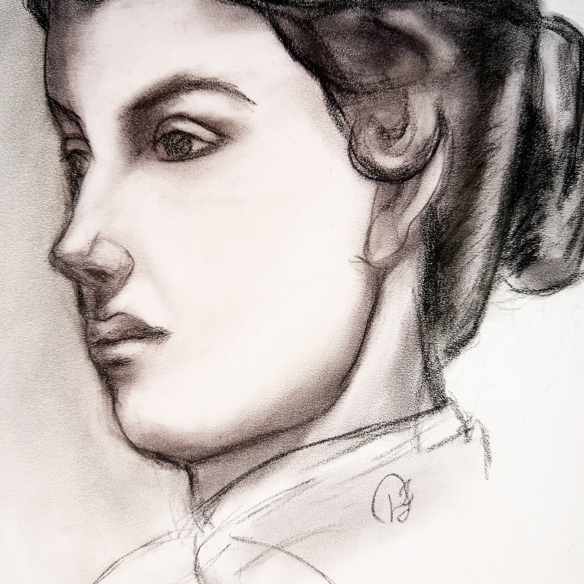 Black and White Charcoal Portrait Drawing of a Woman with Swept-Up Hair - Signed
