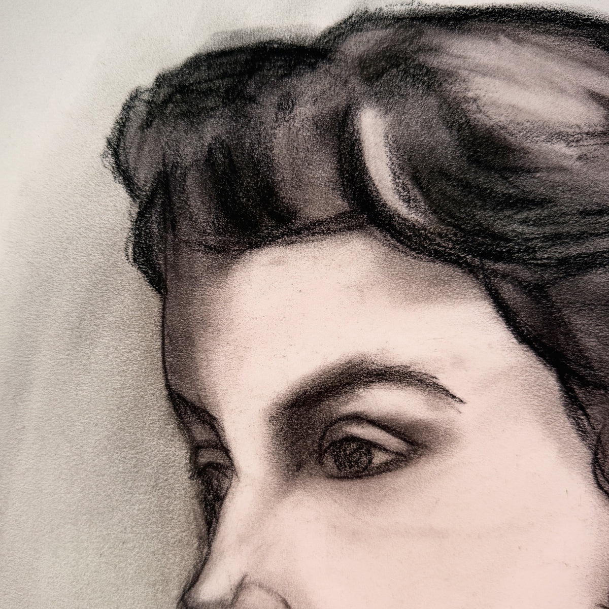 Black and White Charcoal Portrait Drawing of a Woman with Swept-Up Hair - Signed