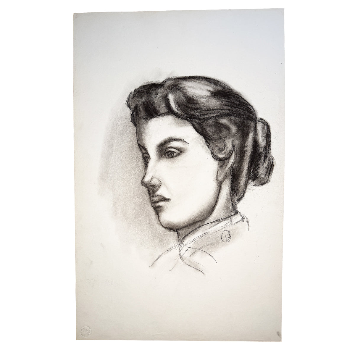 Black and White Charcoal Portrait Drawing of a Woman with Swept-Up Hair - Signed