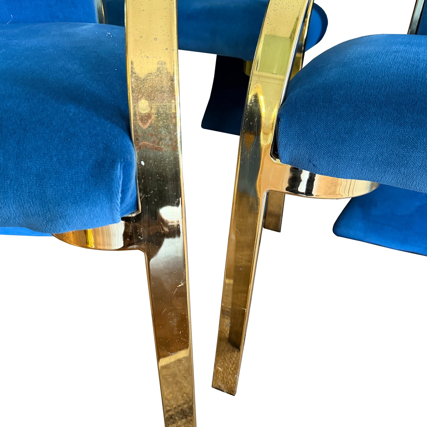 1980s Carson’s of High Point Blue Velvet & Brass Dining Chairs, Set of Four