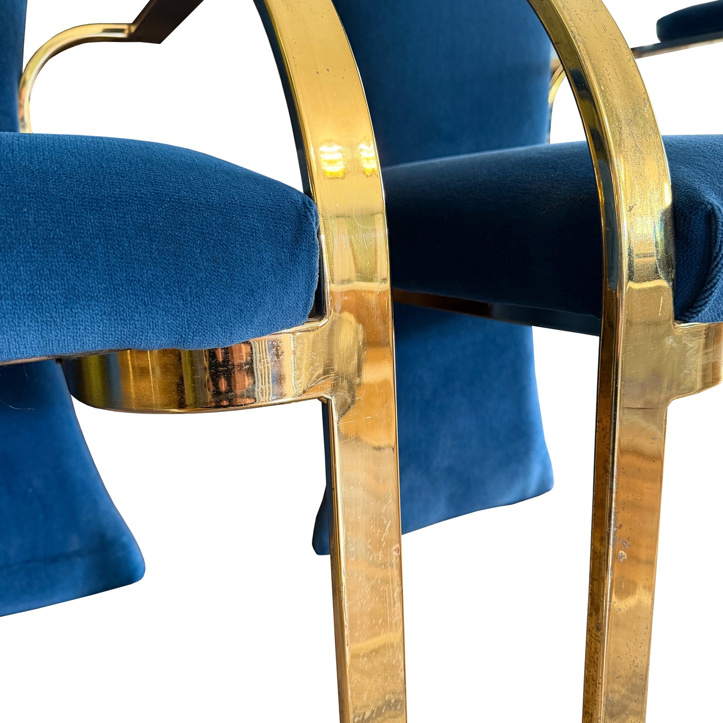 1980s Carson’s of High Point Blue Velvet & Brass Dining Chairs, Set of Four