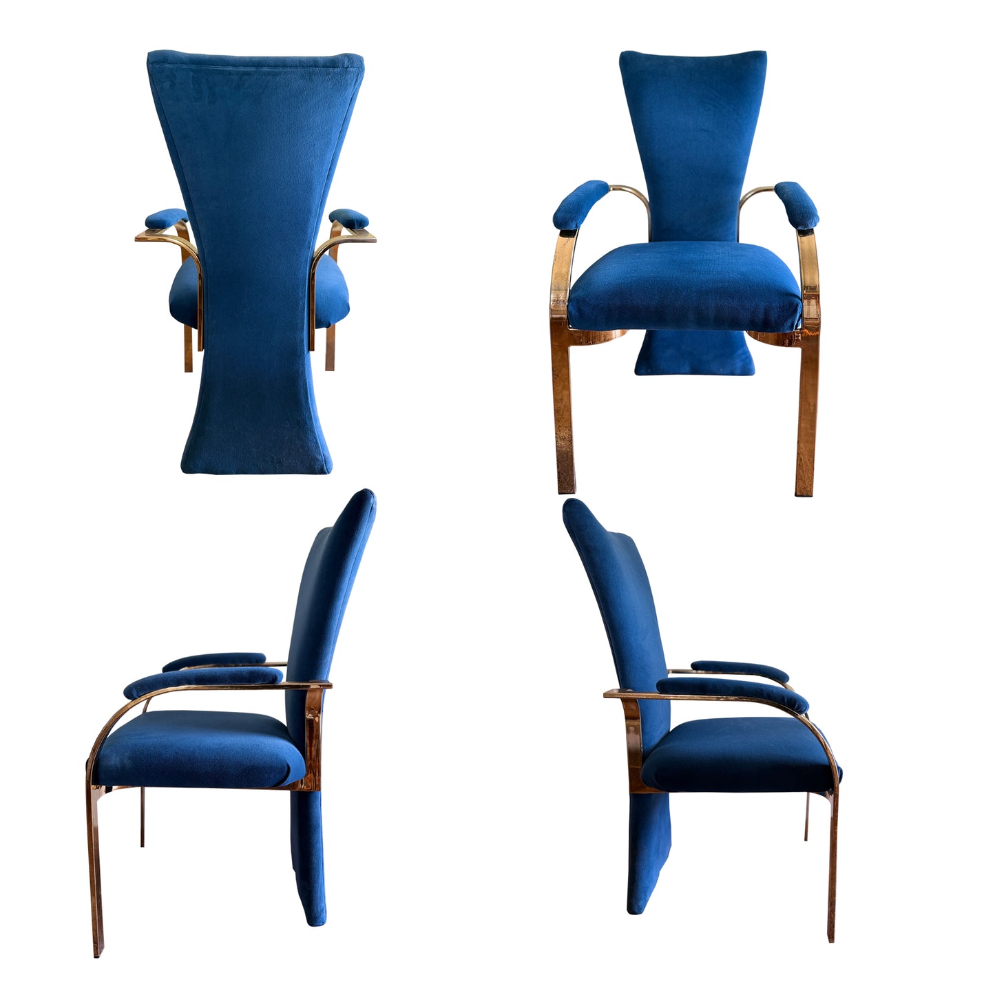 1980s Carson’s of High Point Blue Velvet & Brass Dining Chairs, Set of Four