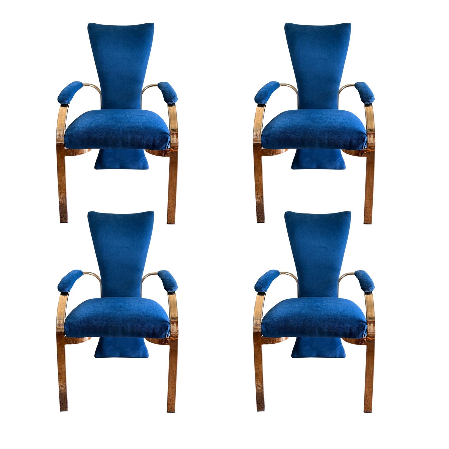 1980s Carson’s of High Point Blue Velvet & Brass Dining Chairs, Set of Four