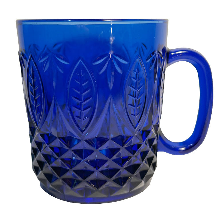 Vintage French Cobalt Blue Cut Glass Mugs with Floral Motif - France Set of 8