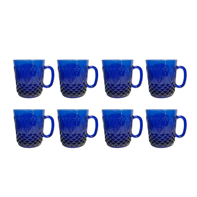 Vintage French Cobalt Blue Cut Glass Mugs with Floral Motif - France Set of 8