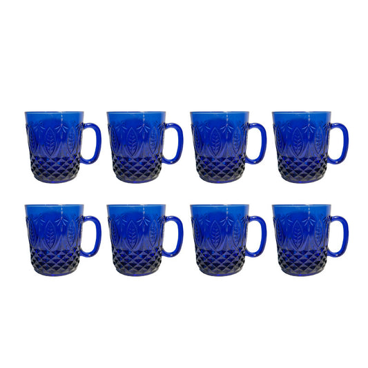 Vintage French Cobalt Blue Cut Glass Mugs with Floral Motif - France Set of 8