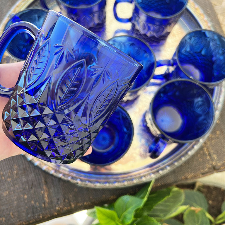 Vintage French Cobalt Blue Cut Glass Mugs with Floral Motif - France Set of 8