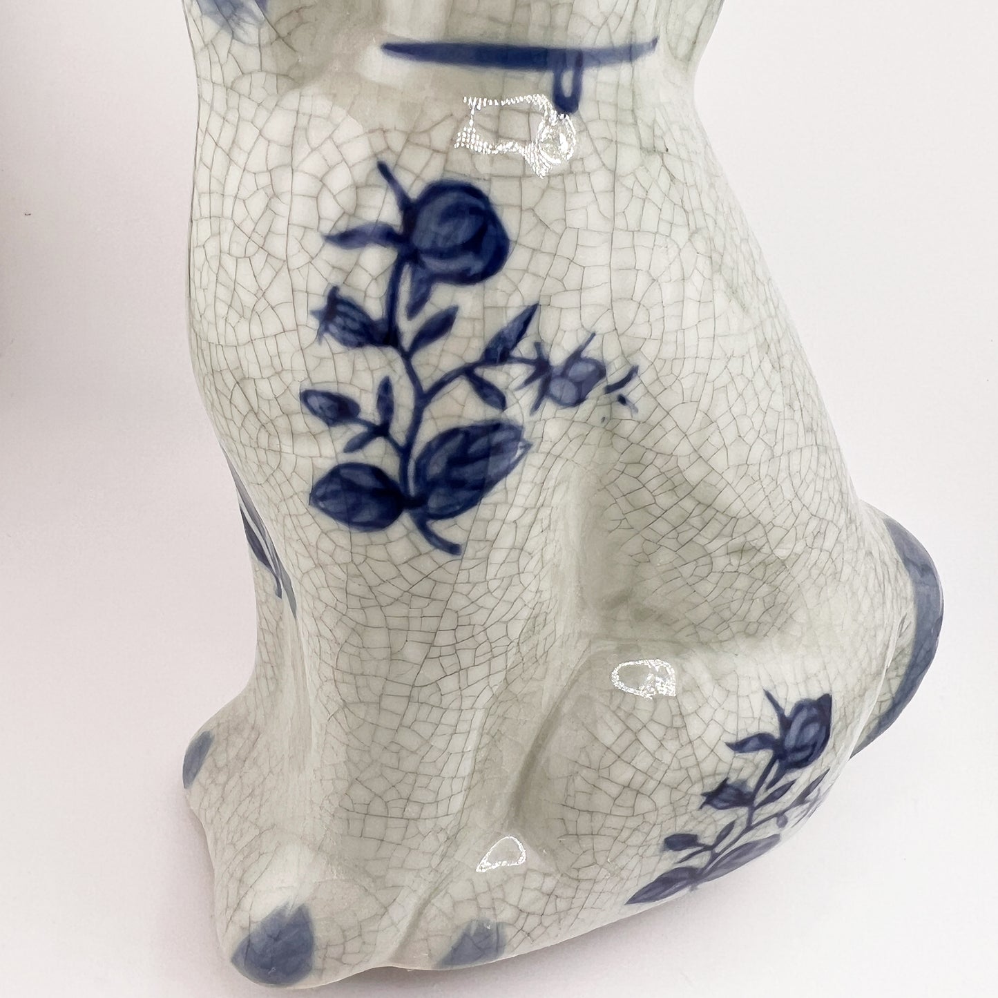Delft Blue Style Crackle Glazed Staffordshire Dog Figure, Mid-Century Ceramic