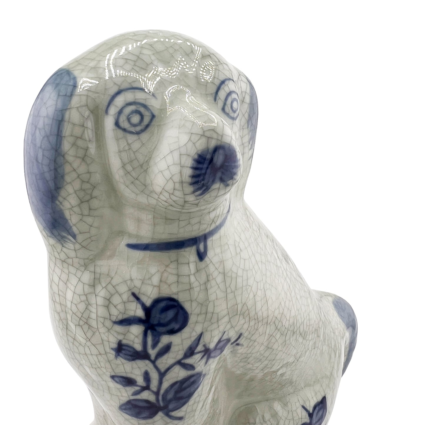 Delft Blue Style Crackle Glazed Staffordshire Dog Figure, Mid-Century Ceramic