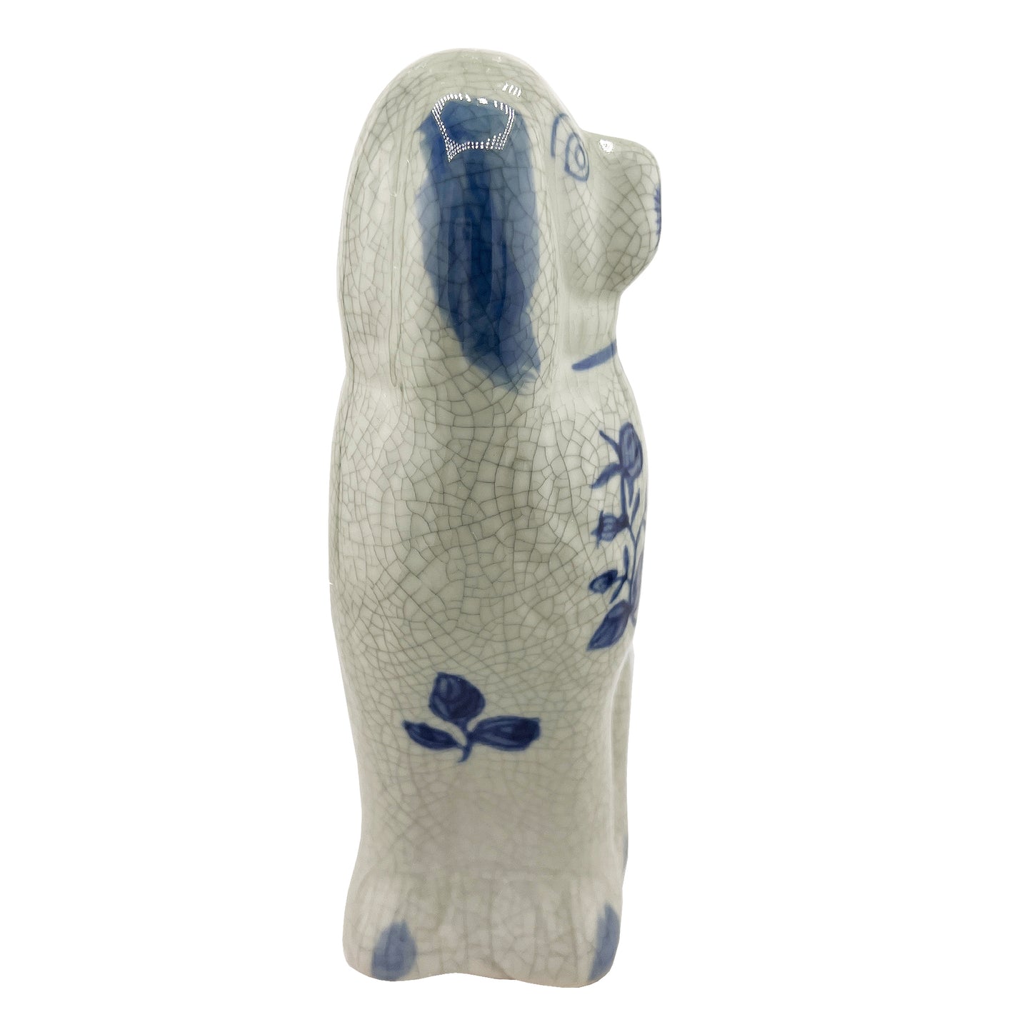 Delft Blue Style Crackle Glazed Staffordshire Dog Figure, Mid-Century Ceramic