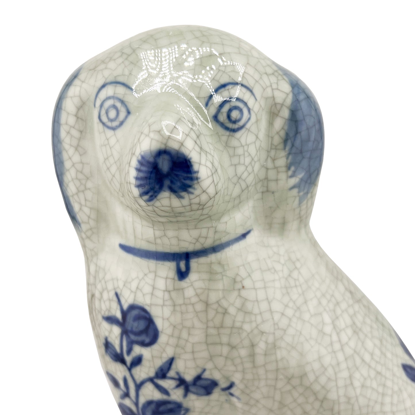 Delft Blue Style Crackle Glazed Staffordshire Dog Figure, Mid-Century Ceramic