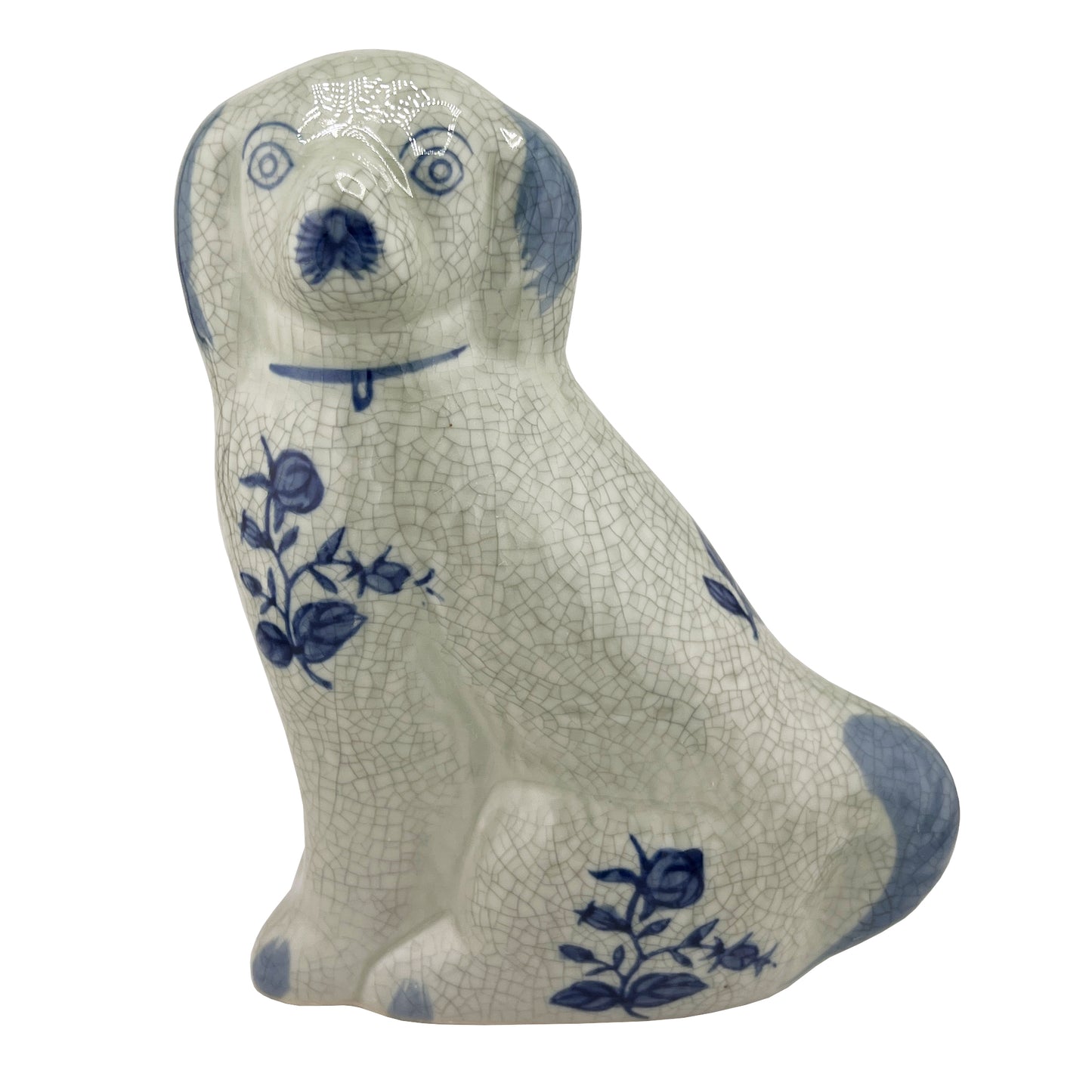 Delft Blue Style Crackle Glazed Staffordshire Dog Figure, Mid-Century Ceramic