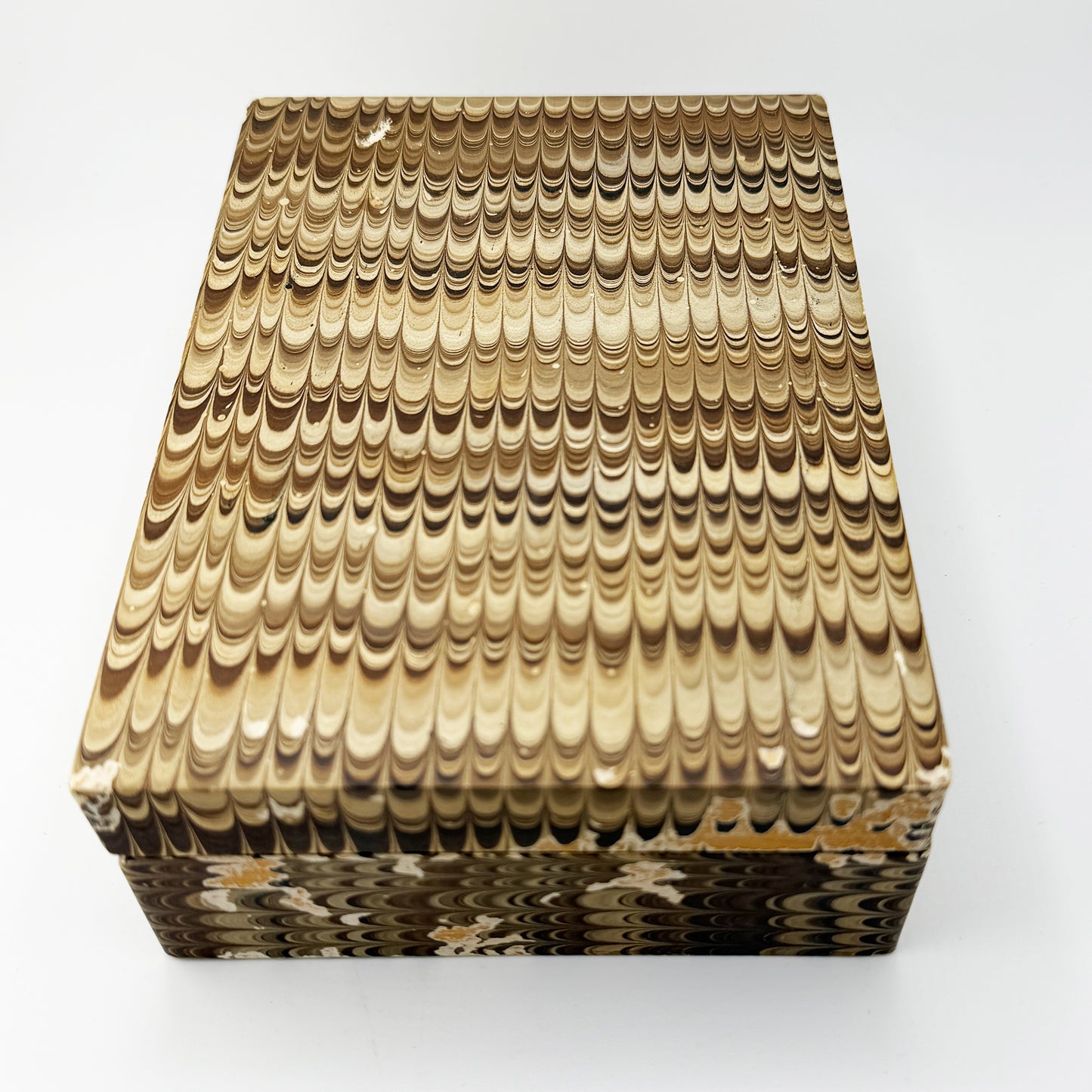 Vintage Brown Hand-Marbled Florentine Peacock Paper Wood Desk Box, circa 1970