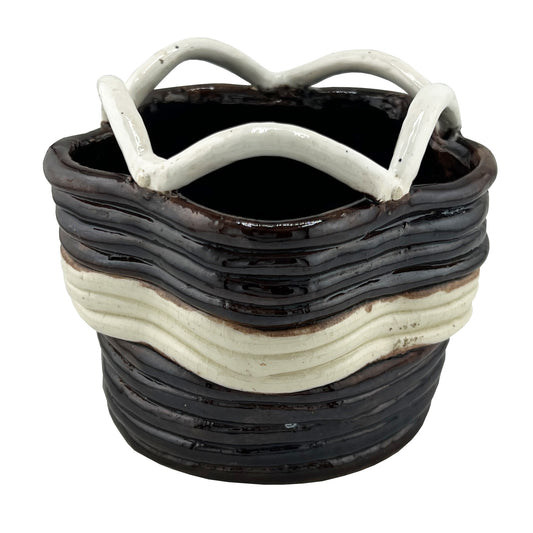 Vintage Studio Pottery Basket Form Bowl in Brown and Cream
