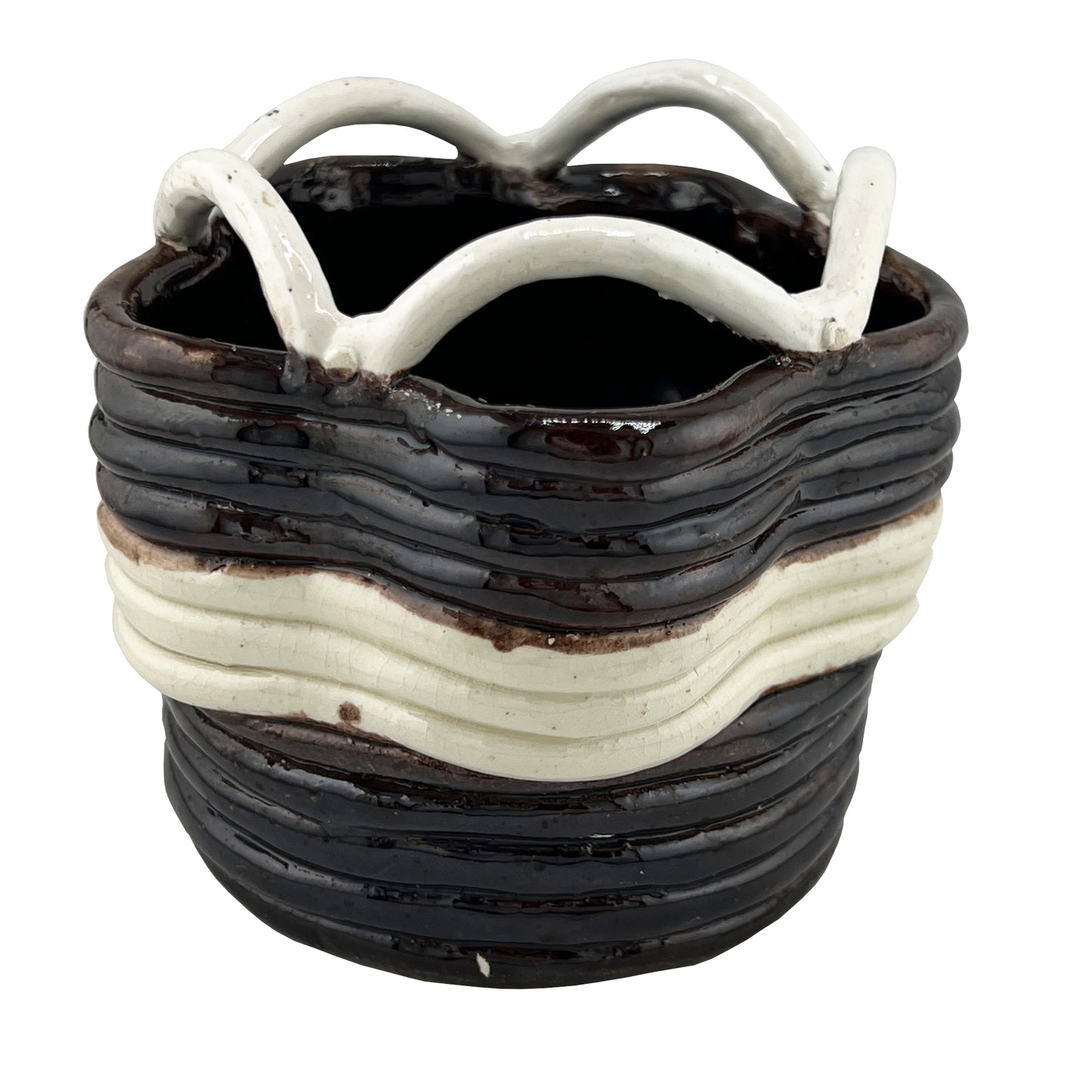Vintage Studio Pottery Basket Form Bowl in Brown and Cream