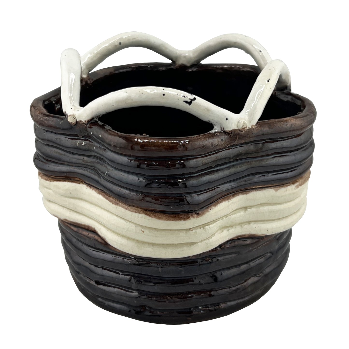 Vintage Studio Pottery Basket Form Bowl in Brown and Cream