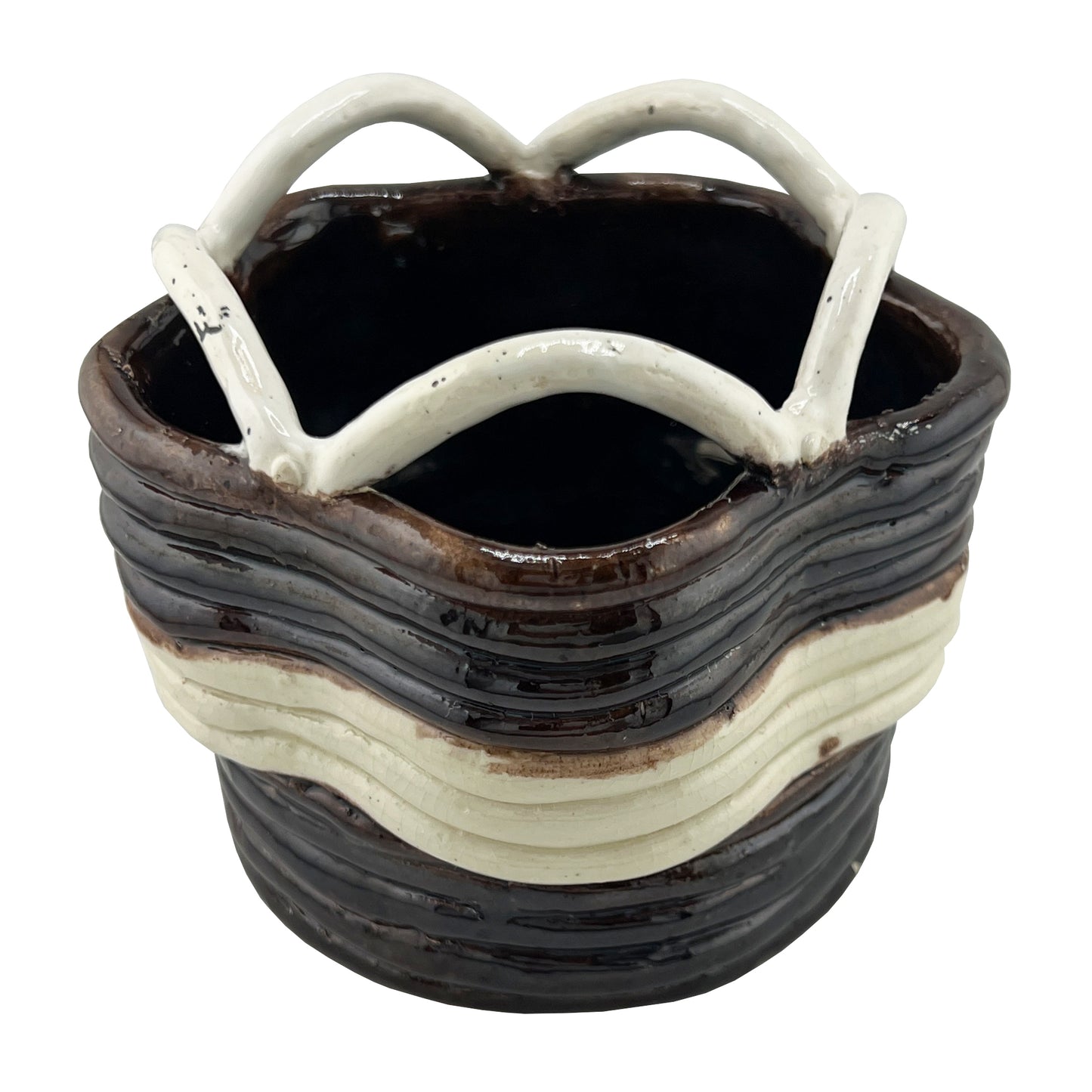 Vintage Studio Pottery Basket Form Bowl in Brown and Cream