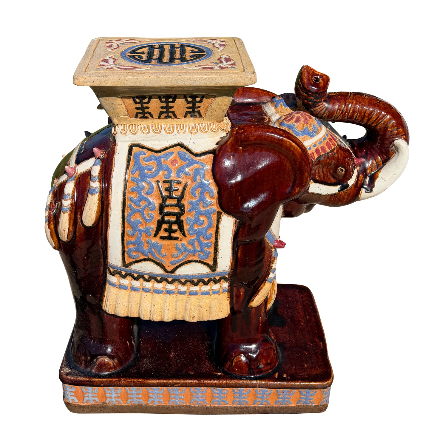 Large Lucky Chinoiserie Elephant Plant Stand in Oxblood and Polychrome Glaze