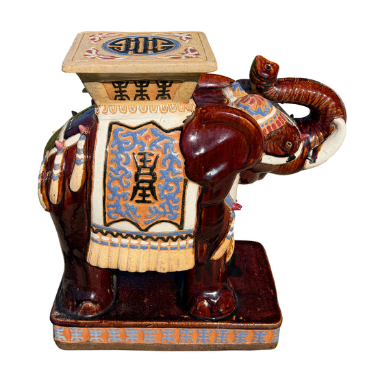 Large Lucky Chinoiserie Elephant Plant Stand in Oxblood and Polychrome Glaze
