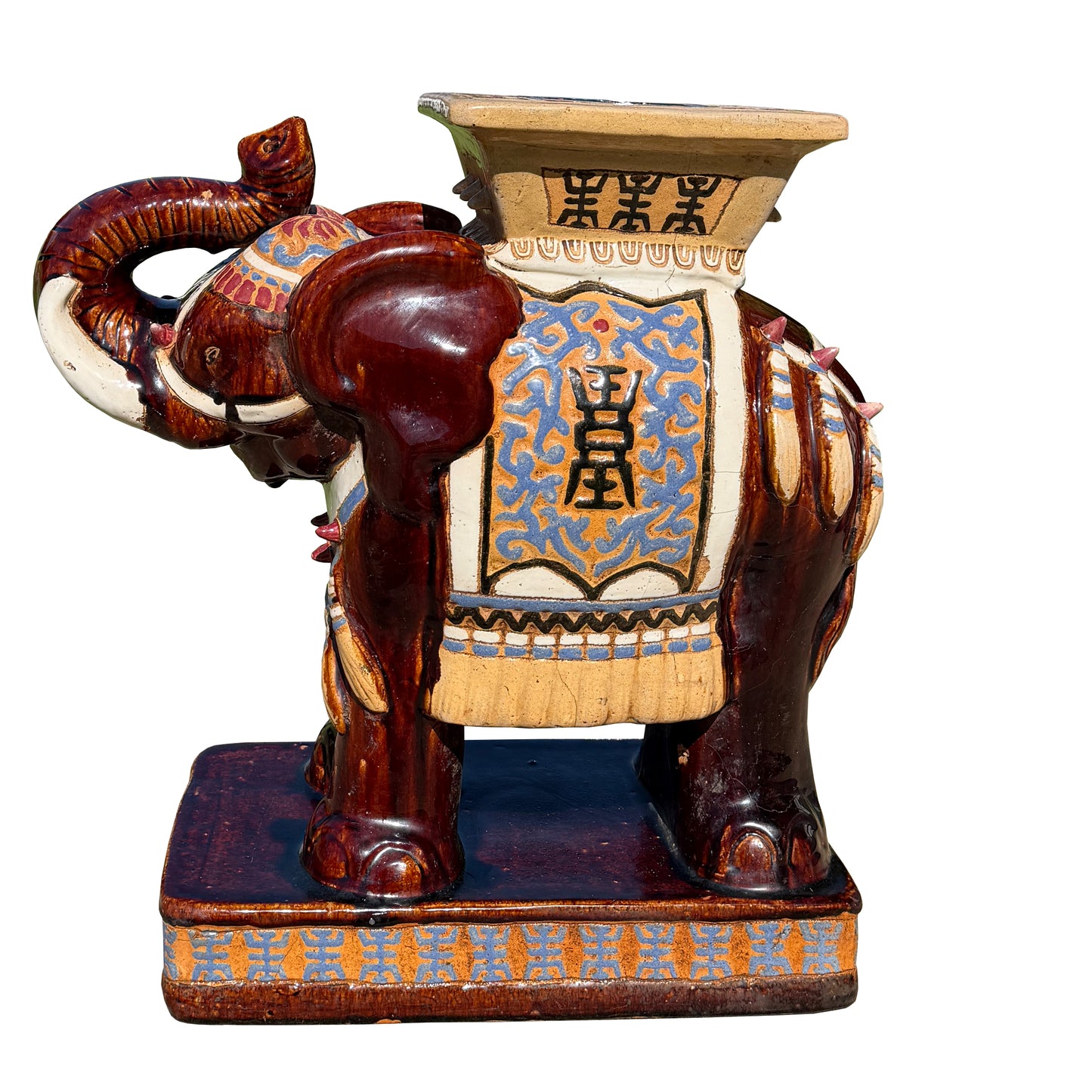 Large Lucky Chinoiserie Elephant Plant Stand in Oxblood and Polychrome Glaze