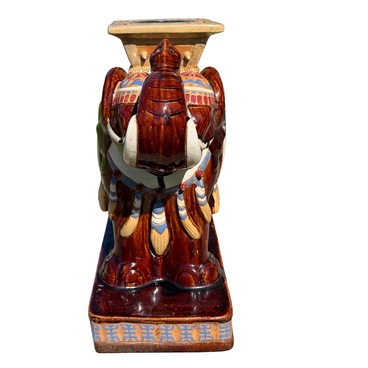 Large Lucky Chinoiserie Elephant Plant Stand in Oxblood and Polychrome Glaze