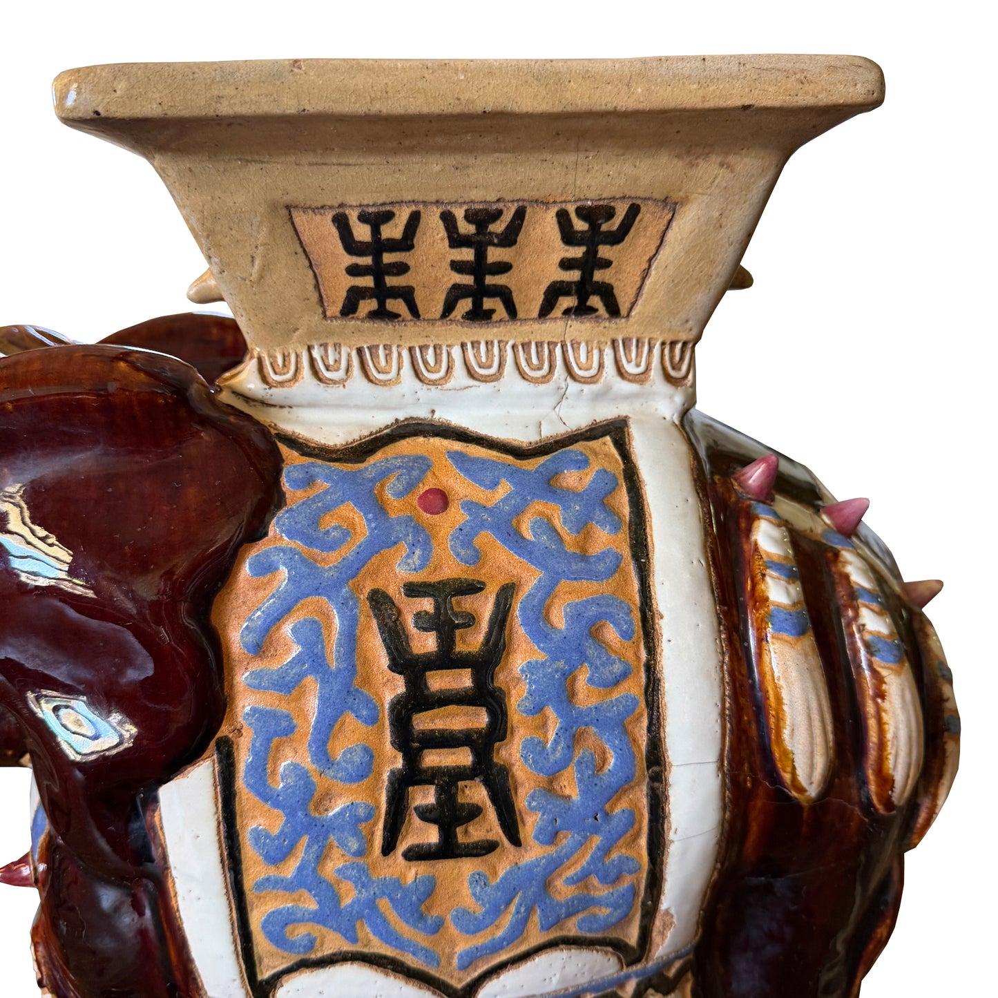 Large Lucky Chinoiserie Elephant Plant Stand in Oxblood and Polychrome Glaze