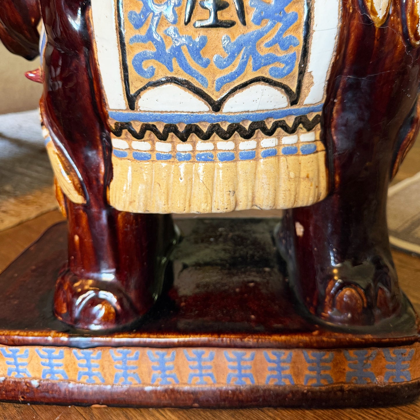 Large Lucky Chinoiserie Elephant Plant Stand in Oxblood and Polychrome Glaze