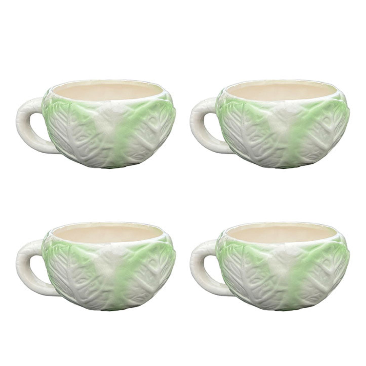 Cabbage Ware Green and Cream Coffee Cups or Soup Mugs - Set of 4