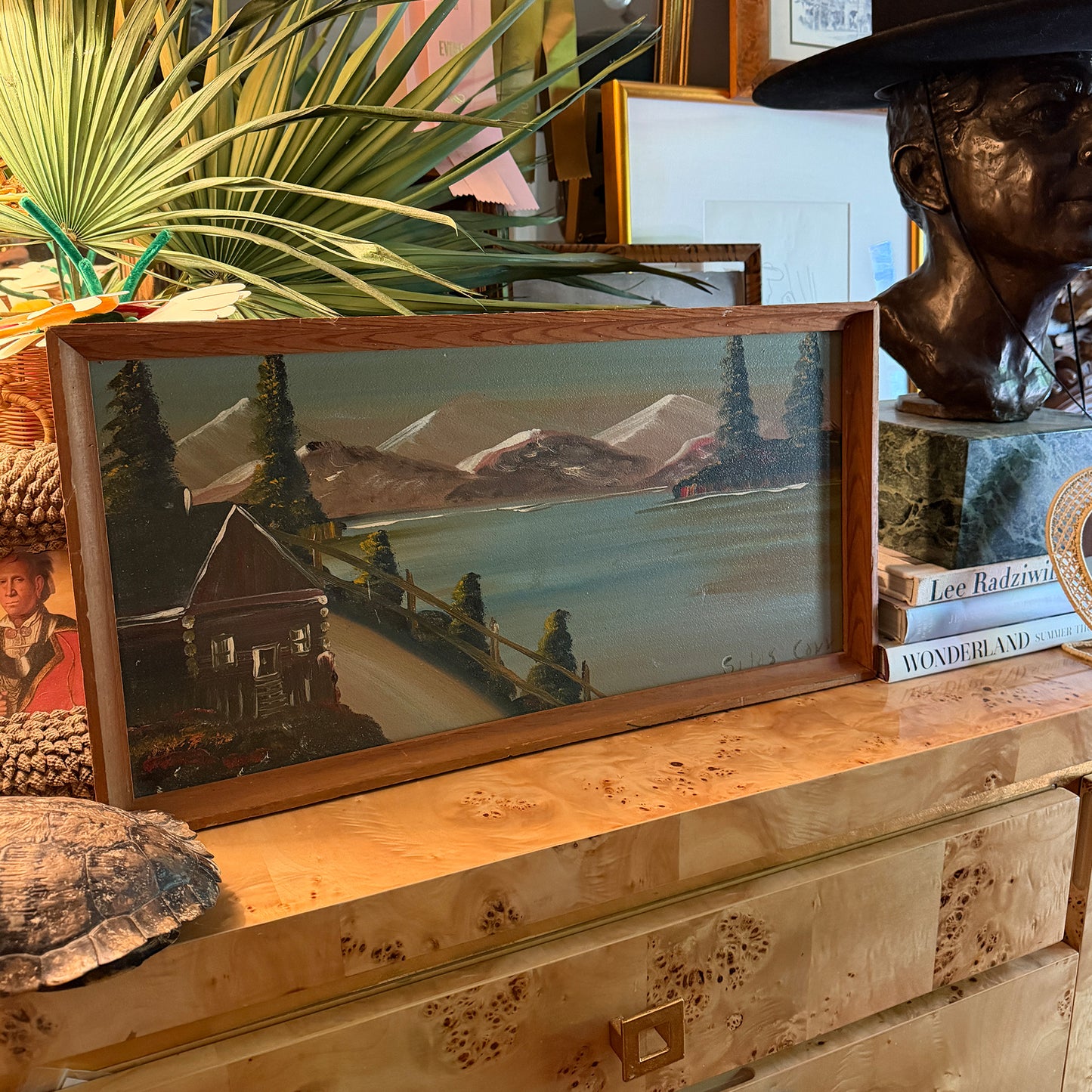 Mid-Century Folk Art Mountain Cabin Landscape Oil Painting in Walnut Frame