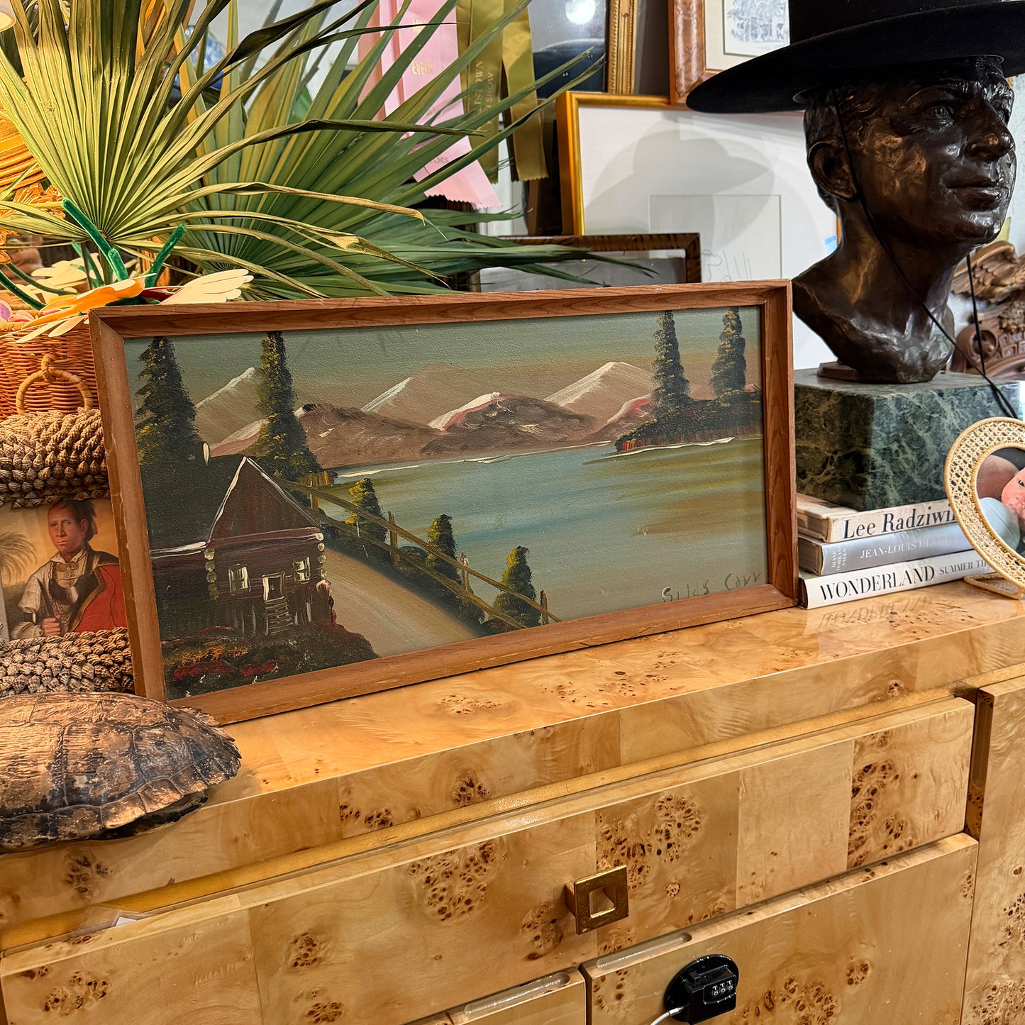 Mid-Century Folk Art Mountain Cabin Landscape Oil Painting in Walnut Frame