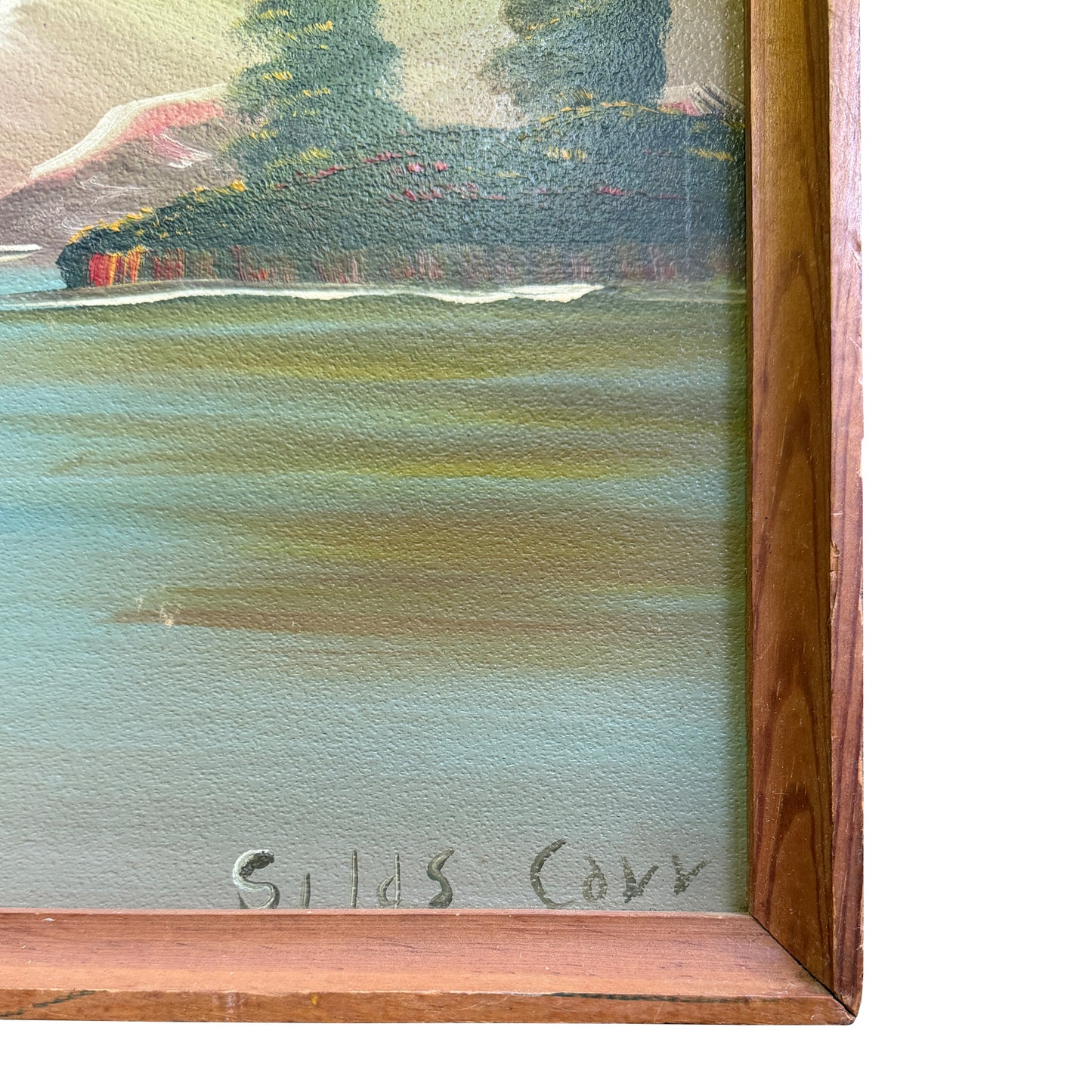 Mid-Century Folk Art Mountain Cabin Landscape Oil Painting in Walnut Frame