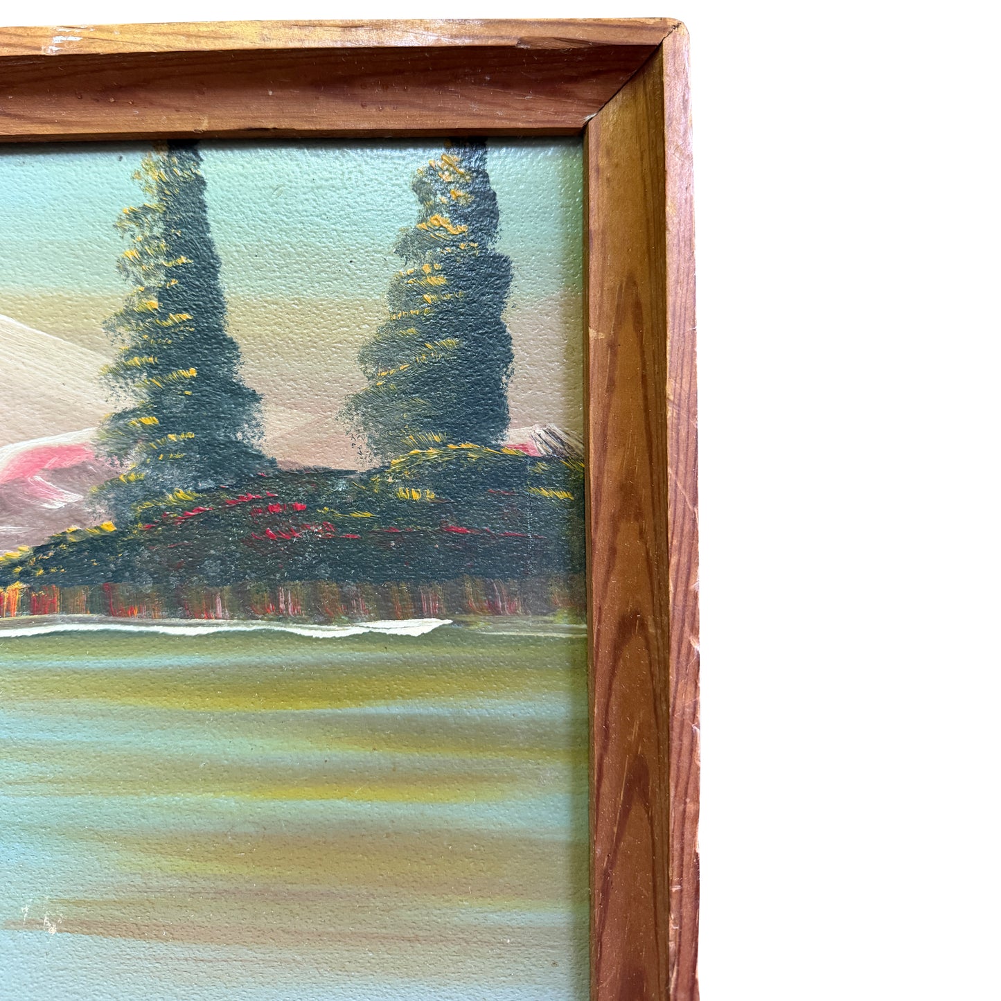 Mid-Century Folk Art Mountain Cabin Landscape Oil Painting in Walnut Frame