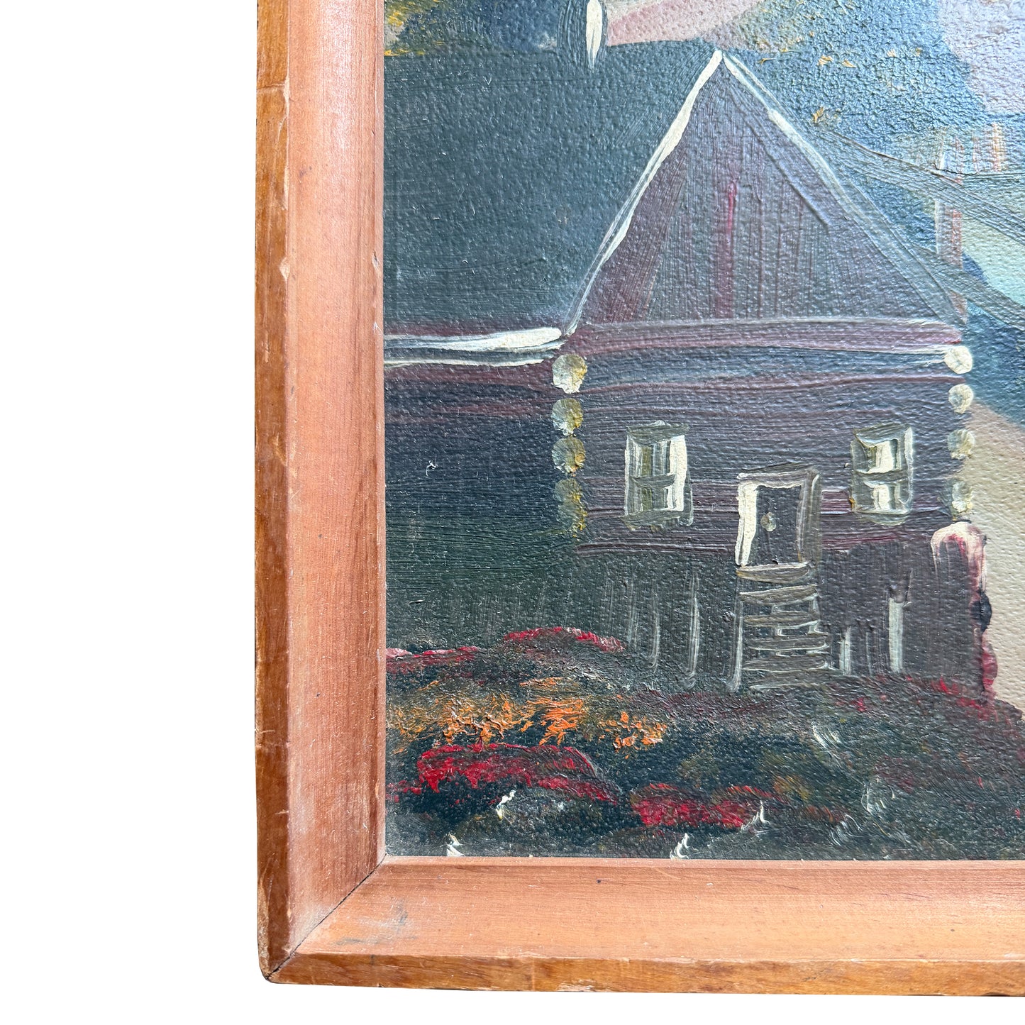 Mid-Century Folk Art Mountain Cabin Landscape Oil Painting in Walnut Frame