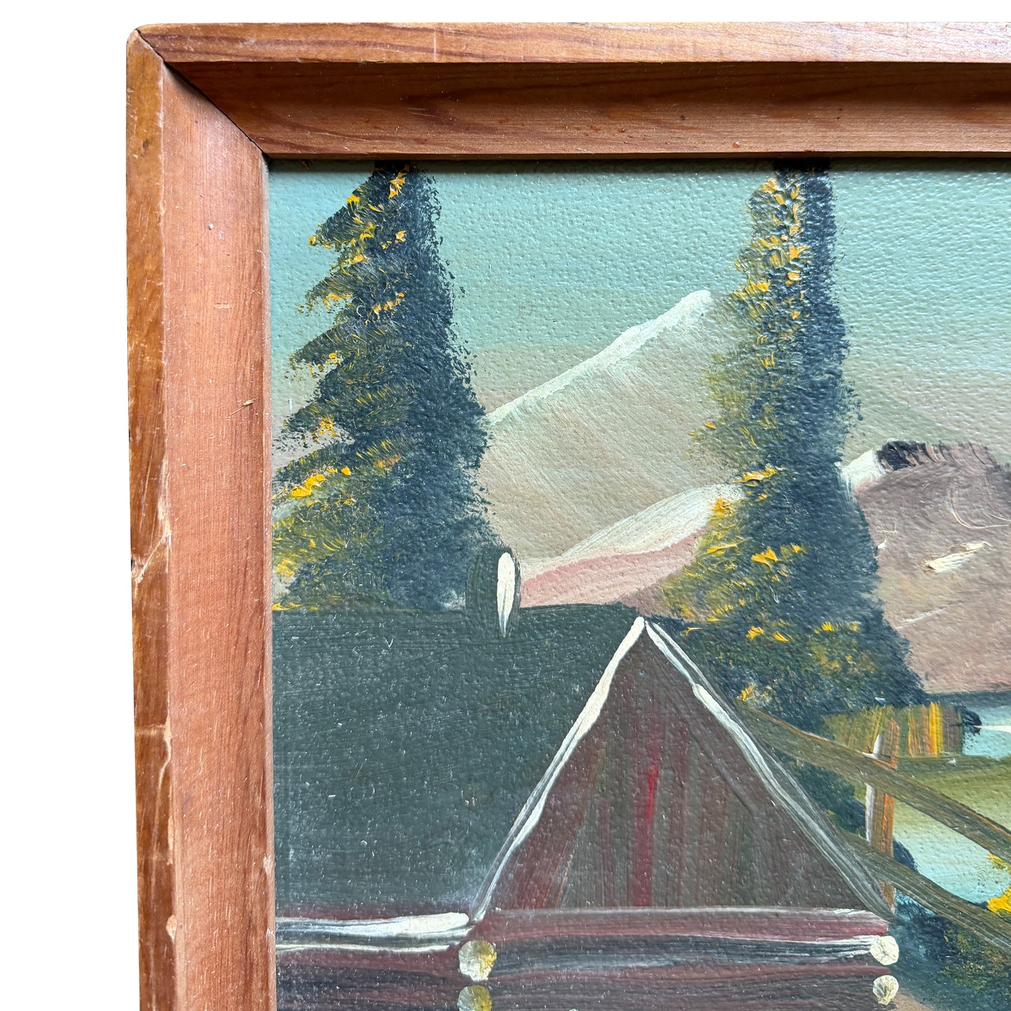 Mid-Century Folk Art Mountain Cabin Landscape Oil Painting in Walnut Frame